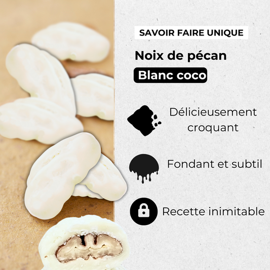 Noix de pécan enrobées chocolat blanc coco